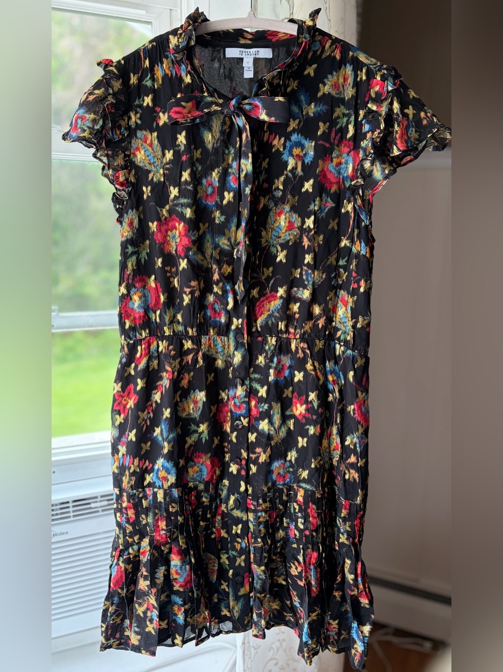 Derek Lam 10 Crosby Designer Metallic Black Floral Mini Shirt Dress Sz 6 EUC